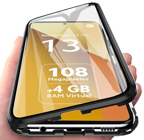 Orgsty Hülle für Xiaomi Redmi Note 13 5G, Magnetische Hartglas Hülle mit Vorderseite und Rückseite, Metallrahmen Case mit Eingebaut Magnet, Ultra Dünn 360 Grad Handyhülle, Schwarz