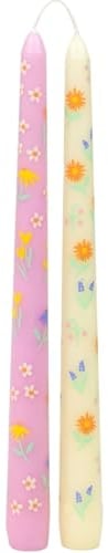 Talking Tables 2 x Floral Tapered Pink & Yellow Dinner Candles, Mothers Day Gift - Ditsy Flowers - Unscented, 8 Hours Burn Time - Eco-Friendly Packaging, Pastel, Easter Table Décor Candlesticks