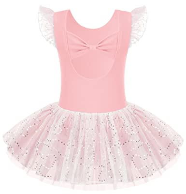 Arshiner Mädchen Glitzer Ballettkleidung Schleifenknoten Ballettkleid Kinder Tanz Trikots Kurze Ärmel Ballett Outfits Kleidung Tutu Kleid Rosa 140