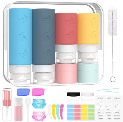 PLUSYES 26 Stück Reiseflaschen Zum Befüllen Silikon Reise Flüssigkeiten Set mit Clear Bag, Reisegröße Behälter mit TSA Genehmigt, Travel Essentials & Reise Gadgets