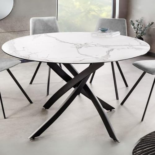 LEBENSwohnART Design Esstisch Amica 120cm Weiss Marmor-Optik Keramik schwarzes Metall-Gestell Retro