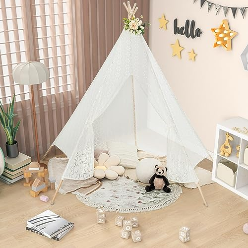DREAMADE Tipi Zelt für Kinder, Kindertipi Spielhaus Kinder Indoor Spielzelt, Kinderzelt für Drinnen mit LED-Lichtern & massivem Holzrahmen für Kinder ab 3 Jahren