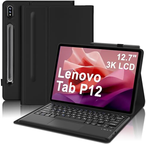 IVEOPPE Hülle Mit Tastatur für Lenovo Tab P12 Pro 12.7 2023 - Magnetische Kabellose Bluetooth Abnehmbare QWERTZ Touchpad Tastatur, Schwarz