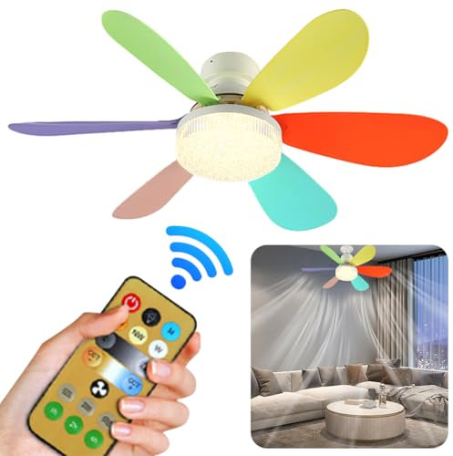 RuiDay Ventilatore da Soffitto con Luce, LED Dimmerabile Ventilatore a Lampadina, 30W E27 Lampada Soffitto con Funzione di Cronometraggio, 6 Pale/Telecomando, per Soggiorno Camera (Multicolore/A)