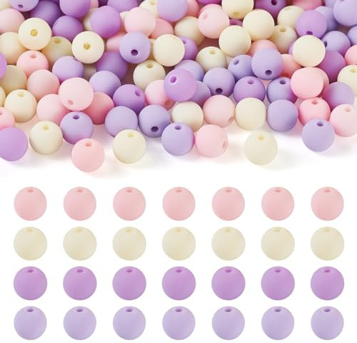 Bestewelry Lot de 191 perles rondes en acrylique de 8 mm - 4 couleurs - Style caoutchouté - Perles rondes imitation silicone - Perles d'espacement en plastique rose violet et blanc - Pour la