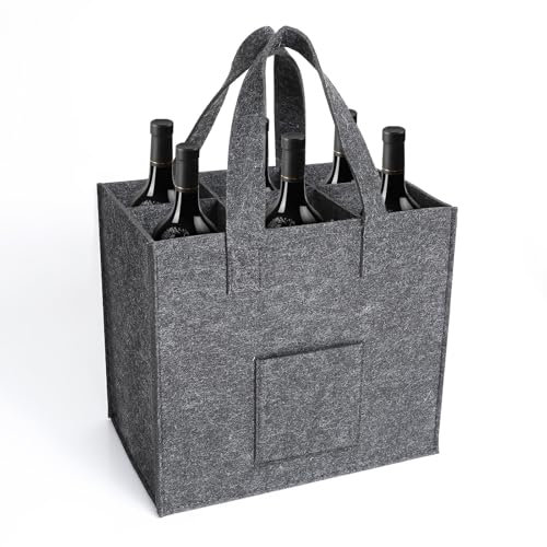 AiQInu Sac à Bouteille avec 6 Compartiments, Sac à Vin en Feutre avec Diviseur Amovible, pour Bouteilles de Vin, avec Poignée de Transport, pour Camping, Tourisme, Shopping, 27cm x 24 cm x 18 cm