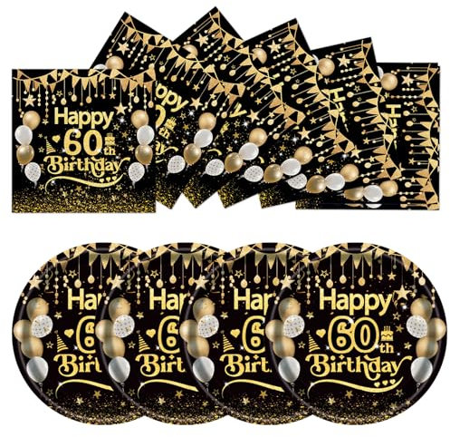 EVYIENEN 50 Stück 60th Geburtstag Pappteller und Servietten, Schwarz Gold Geburtstag Party Geschirr, Pappteller Set, Tischdekoration für Picknicks