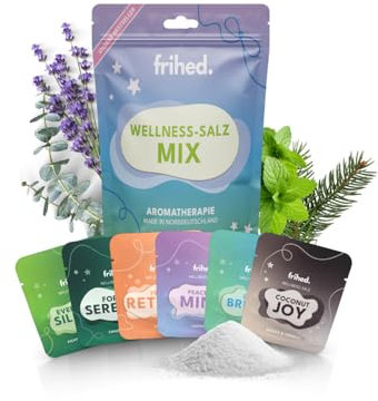 frihed.® Wellness Salz Mix - Salzpeeling für Männer und Frauen - Dusch- und Körperpeeling für Sauna, Dusche & Badewanne - 6 Düfte - Geschenkidee für Aromatherapie