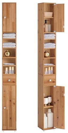 SoBuy Mueble Columna de Baño Estrecho – Armario Auxiliar de Baño en Madera Maciza Resistente al Agua con Estantes Ajustables y Cajón, Colore Legno, 20x180x20cm, BZR34-II-SH