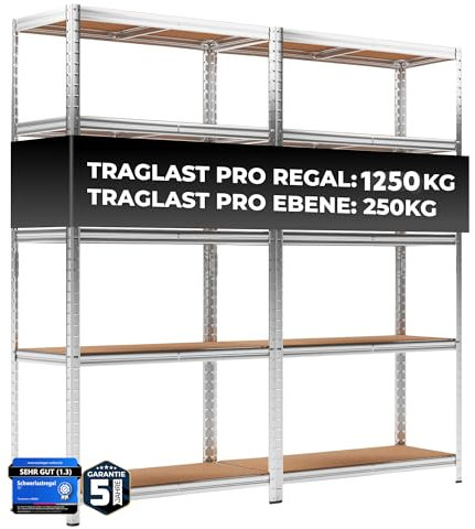 ALL Premium Schwerlastregal 2er Set 180x90x40 cm Silber - 1250kg Traglast – stabiles Regal 90 cm breit & Regal 40 cm tief geeignet als Kellerregal Metall, ideale Regale Garage, Regale für Kellerraum