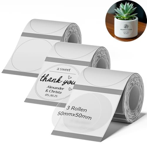 NIIMBOT Rund Etiketten Kompatible für B1 / B21 / B3S Etikettendrucker, 3 Rollen 50 x 50mm Thermo Etikettenband für Supermärkte Einzelhandel Büro, 150 Etiketten/Rolle, Transparent