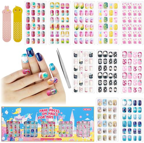 240 Piezas De Uñas Postizas Para Niños Con Pegamento Para Uñas, Kit De Uñas Acrílicas De Cobertura Completa Para Niñas, Regalo Para Niños, Decoración De Uñas Diy (Unicornio Estrellado)