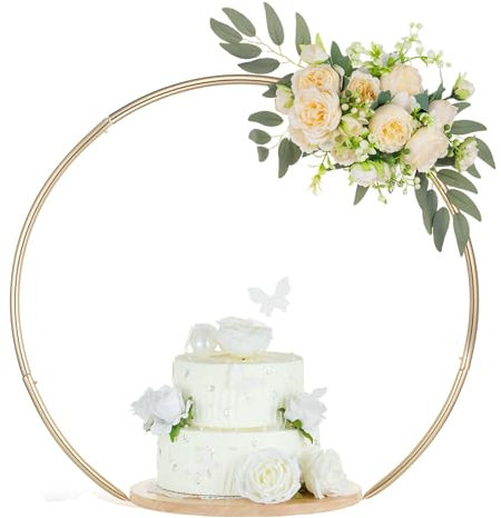Hanobe Wedding Cake Stand Gold: 14 Inch Round Arch Cupcake Display Stands with Wood Base for Party Decorative Metal Hoop Centerpiece Decor for Birthday Baby Shower
