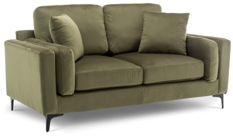 Plush Fabric 2 Seater Olive Green Velvet Sofa for Living Room - 166 Cm Green Sofa, Loveseat, Velvet Couch - MARGHERA