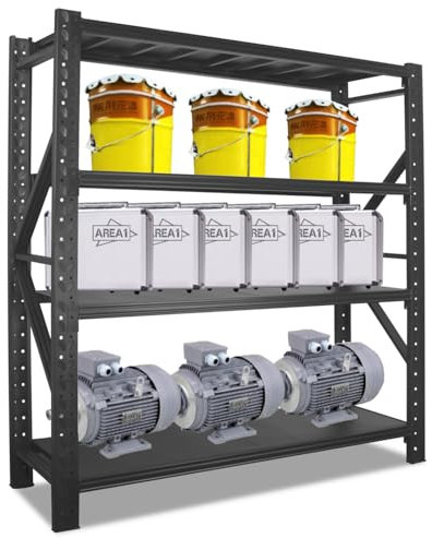 Area1 Stahl Schwerlastregal 200x200x50cm (HxLxB) schwarz Massive Industriequalität für Warenlager, Garage, oder Kellerregal.