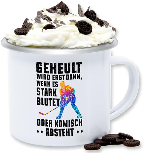 Shirtracer Emaille Tasse Geheult Erst Stark Blutet Eishockey | Weiß Silber, 300 ml, Becher, Puck, Eisstadion, Hockeyfan, Kaffeebecher, Blechbecher, Trinkbecher, Häferl