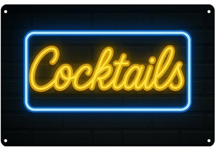 AstraDesign Blechschild „Cocktails“ – Neonschrift – 20x30 cm Metallschild für Bar, Lounge & Partykeller – langlebig – Barschmuck & Wanddeko – einfache Montage, Geschenkidee