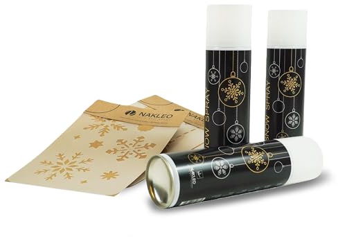Nakleo 3X Kunstschnee Spray für Weihnachts Dekorationen Plus GRATIS Schablonen, 250 ml Sprühschnee Weiß, Fenster Schneespray für Weihnachten Schablonen, Weihnachtsschnee zum Dekorieren DIY Handwerk