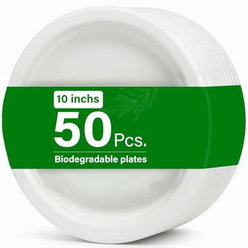 50pc 10 Biodegradable Bagasse Plates Extra Strong Eco Friendly Compostable Plates Made From 100% Natural Sugarcane Fibre, Oil And Cut Resistant, Perfect For Parties And Everyday Use