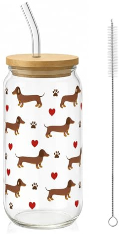 Dackel Tasse Glas 500ml Trinkglas Glas mit Deckel und Strohhalm Süßes Dachshund Design für Jede Art von Heiß und Kaltgetränken, Dackel Geschenke für Frauen Hundebesitzer