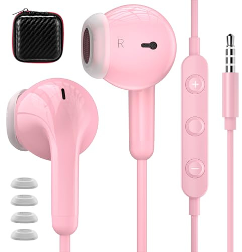 Wired Earbuds Light in-Ear Headphones for MacBook/Laptop/Kindle Fire, Corded Earphones with 3.5mm Jack Microphone Volume Control Plug-in Ear Buds for iPhone/Samsung/Android/Switch/PC/Kid/School, Pink