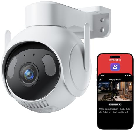 SwitchBot 3K Outdoor Security Camera, PTZ Camera with AI Video Search, Scene Alerts & Daily Activity Reports, 360° Auto Tracking, 2.4GHz Wi-Fi, Works with Alexa, Google Home & Home Assistant via RTSP