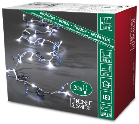 Konstsmide LED Dekolichterkette mit blauen Perlen und Schneekristallen, 20 kalt weiße Dioden, batteriebetrieben, Innen - 3162-403