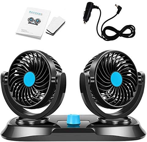 EVERGD 12V Dual Head Car Air Fan 360° Rotating Adjustable 2 Speed Quiet Auto Cooling Air Fan - Black