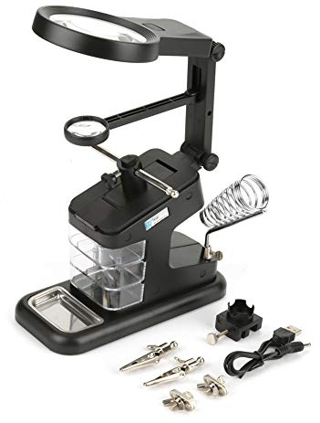Cocoarm Löthilfe 10 LED Dritte Hand mit Lupe und Lötkolbenhalter Drei Hände Löthilfe Desktop Lupe Lötstation Vergrößerungsglas mit 3X 4,5X 25X Lupen für Reparat Löten Reparatur Handwerk (Schwarz)