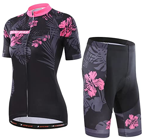 ZEROBIKE Damen Atmungsaktiv Schnelltrocknend Fahrradtrikot Set, Outdoor Kurzarm Radsport-Shirt + 3D Gel Gepolsterte Kurze Hose Fahrradhose, M, Azalee