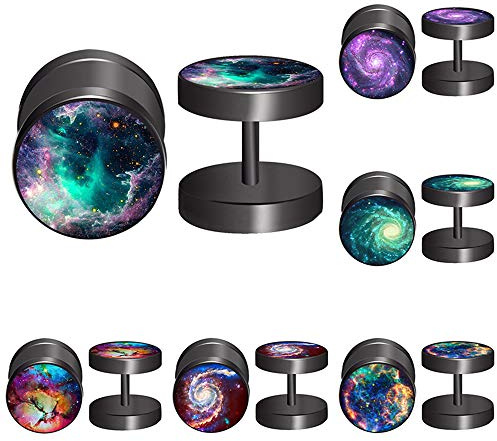 FLYUN Earrings For Men, Fake Gauge, Flat Back, Mens Men's Faux Gauge Fake Plug 6Pairs Galaxy Surgical Steel Black Stud Screw Earrings (Green)