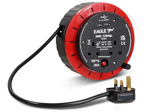 Eagle Cassette Style Cable Mains Extension Reel 13A with 2 USB and 2 UK 13AMp Outlets, Overload Protection for Safety, (5 Metre)