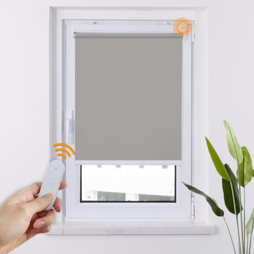 HOMEDEMO M100 Elektrische Rollos Verdunkelungsrollo mit Motor & Fernbedienung, Grau 100x130cm(BxH), Smart Rollo ohne Bohren klemmfix & mit Bohren, Sonnenschutz Sichtschutz Rollo für Fenster
