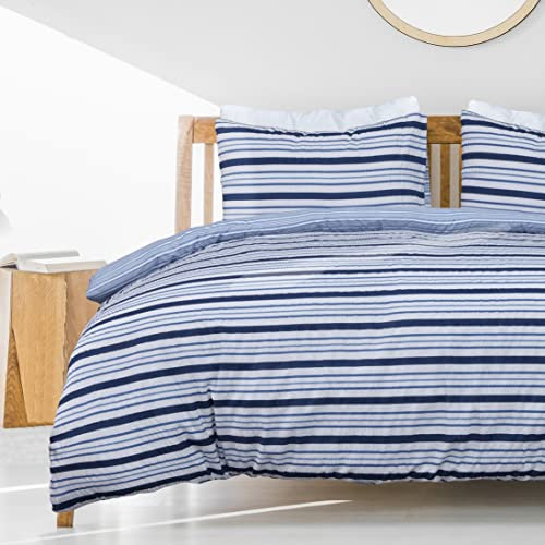 Sleepdown Seersucker Wende-Bettwäsche-Set, weich, pflegeleicht – Einzelbett (135 x 200 cm), Marineblau/Weiß, 5056242893356