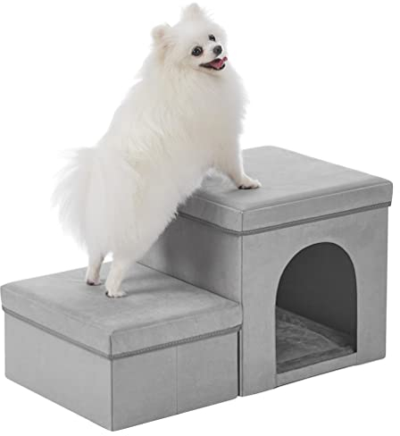 Dog Stairs with House, DREAMSOULE 3 in 1 Dog Steps Stairs Foldable Pet Ramp with A Deluxe House and Storage, Pet Ramp Pet Ladder Best for Small to Large Dogs Cats (Grey)