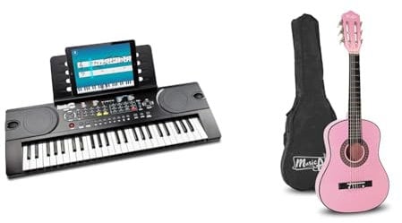 RockJam 49 Key Keyboard Piano With Power Supply, Sheet Music Stand, Note Stickers & Simply Piano Lessons, Black - Music Alley MA-51 Classical Acoustic Guitar for Kids & Juniors, Pink