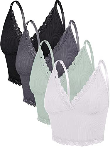 Bencailor 4 Stück Damen Ärmelloses Cami Crop Top Spitze V Ausschnitt Spaghettiträger Tanktops Mädchen Kleidung (Anmutige Farben, L)