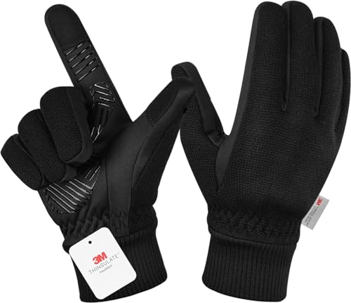 Winterhandschuhe für Herren und Damen, 3M Thinsulate-Thermo-Handschuhe, Touchscreen-Fahrradhandschuhe, kaltes Wetter, warme Handschuhe, Fahrradhandschuhe zum Skifahren, Radfahren, Fahren, Schwarz-S