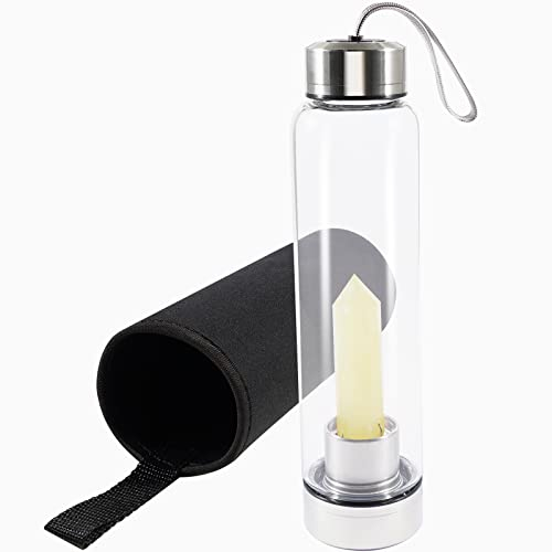 soulnioi Healing Crystal Glass Water Bottle Stainless Steel Water Bottle with Changeable Natural Crystal Point Center, with Black Protective Cup Cover, Energy Cup Gifts for Friends (Citrine)