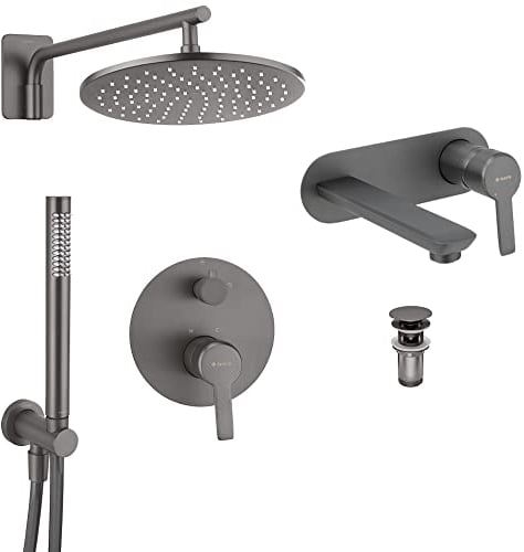 Lomadox Badezimmer Armaturen Set DEANTE-30 in Titanium mit Duschsystem, Waschbeckenarmatur und Ablaufventil