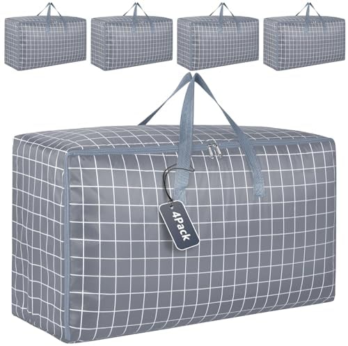 wsryx 4 Pack Extra Large Storage Box with Lids for Moving House, Wardrobe Heavy Duty Laundry Storage Bags with Zips for Clothes, Strong Organiser Packing Boxes (grey)