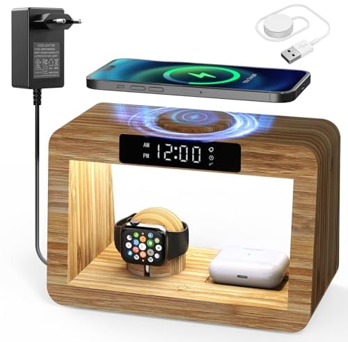 Wireless Ladestation mit Wecker Digital & Nachtlicht,5 in 1 Kabelloses Schnell-Ladegerät mit Adapter und Kabel, Wireless Charger für iPhone, AirPods Pro, Apple Watch