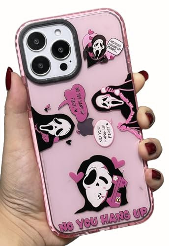 Niedliche Totenkopf-Skelett-Hülle für iPhone 14 15,5 cm (6,1 Zoll), Scream Horror-Film bedruckt, weiches TPU, transparent, Kawaii, stoßfest, für Frauen und Mädchen, coole lustige