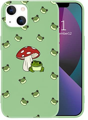 MAYCARI Cute Funny Mushroon and Frog Phone Case for iPhone 13, Green Liquid Silicone Girly Cases,Cartoon Soft Gel Rubber Full-Body Protective Microfiber Lining Shockproof Cover for Boys, Women