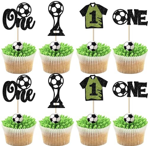 SYKYCTCY 24 Pack Football Cupcake Toppers For Boys Glitter Soccer Ball Jerseys One Cupcake Picks for Kids First Birthday Football Sports Theme Party Baby Shower Cake Decorations Supplies