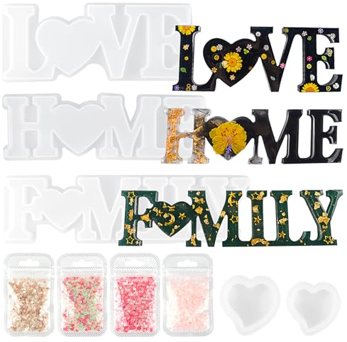 9 Stück Epoxidharz Formen Set, Resin Gießharz Silikonform 3D Love Home Family Live, 3D Harz Gießen Formen Set mit 2 Herz und Pailletten in 4 Formen für Handwerk DIY Dekoration, Festivalgeschenk