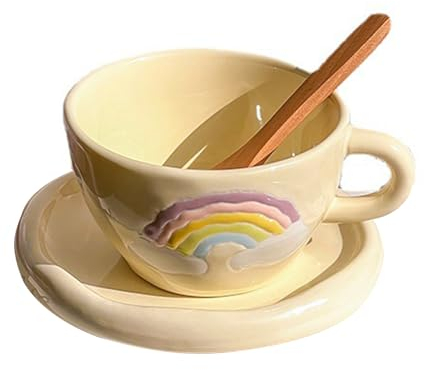 Soulnioi Tasse à café en céramique, ensemble tasse à cappuccino et soucoupe arc-en-ciel mignon, 250 ml, tasse à café à l'avoine, tasse créative pour le thé et le lait, pour cadeau, jaune