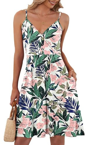 AUSELILY Sommerkleid Damen Spaghetti-Träge V-Ausschnitt Freizeitkleid Strandkleid mit Taschen Rosa grüne Blumen S