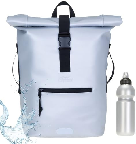 Rucksack Herren Plane Time Bag Kurierrucksack Roll-Top Fahrradrucksack Sport Fitness Damen 23 Liter A4 12821 + Flasche (Silver Titan Metallic 13074)
