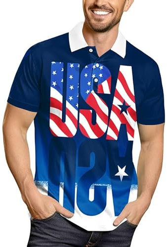 Arvilhill Polo de golf à manches courtes pour homme Motif drapeau américain 4 juillet, Bleu - Impression USA, Taille S